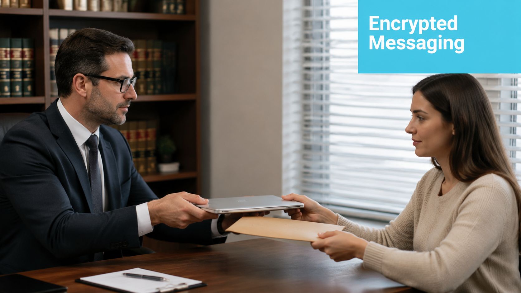 A professional man in a suit handing a closed laptop and a manila envelope to a woman.