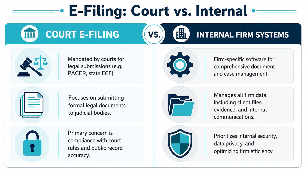 A comparison infographic between external court e-filing systems and internal law firm document management systems.