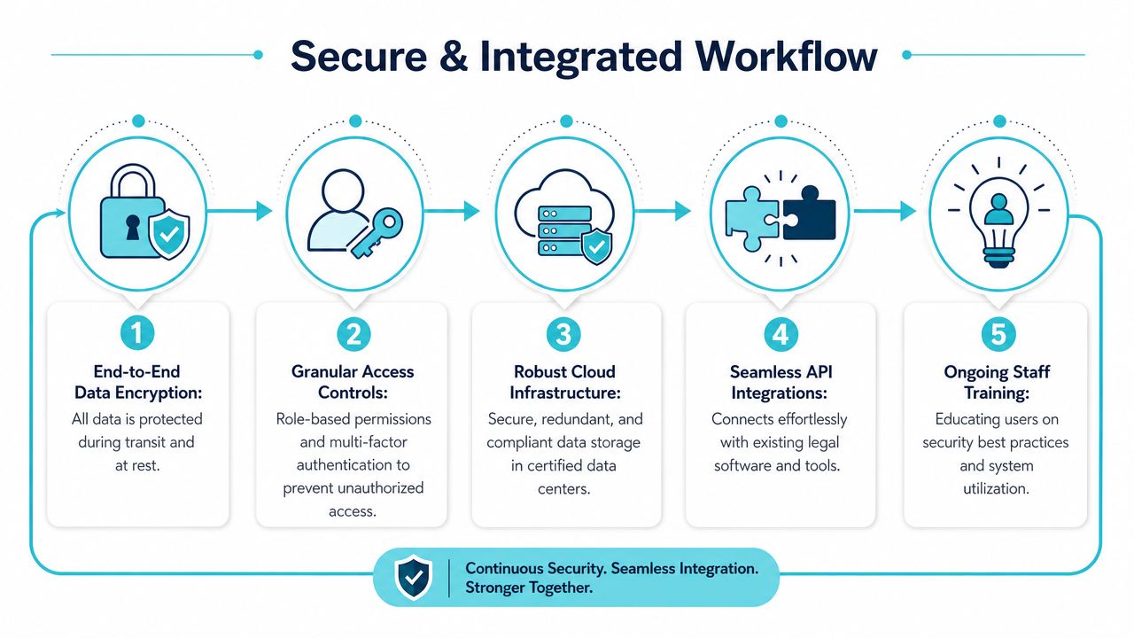 An infographic showing a five-step secure and integrated workflow process for electronic filing systems.