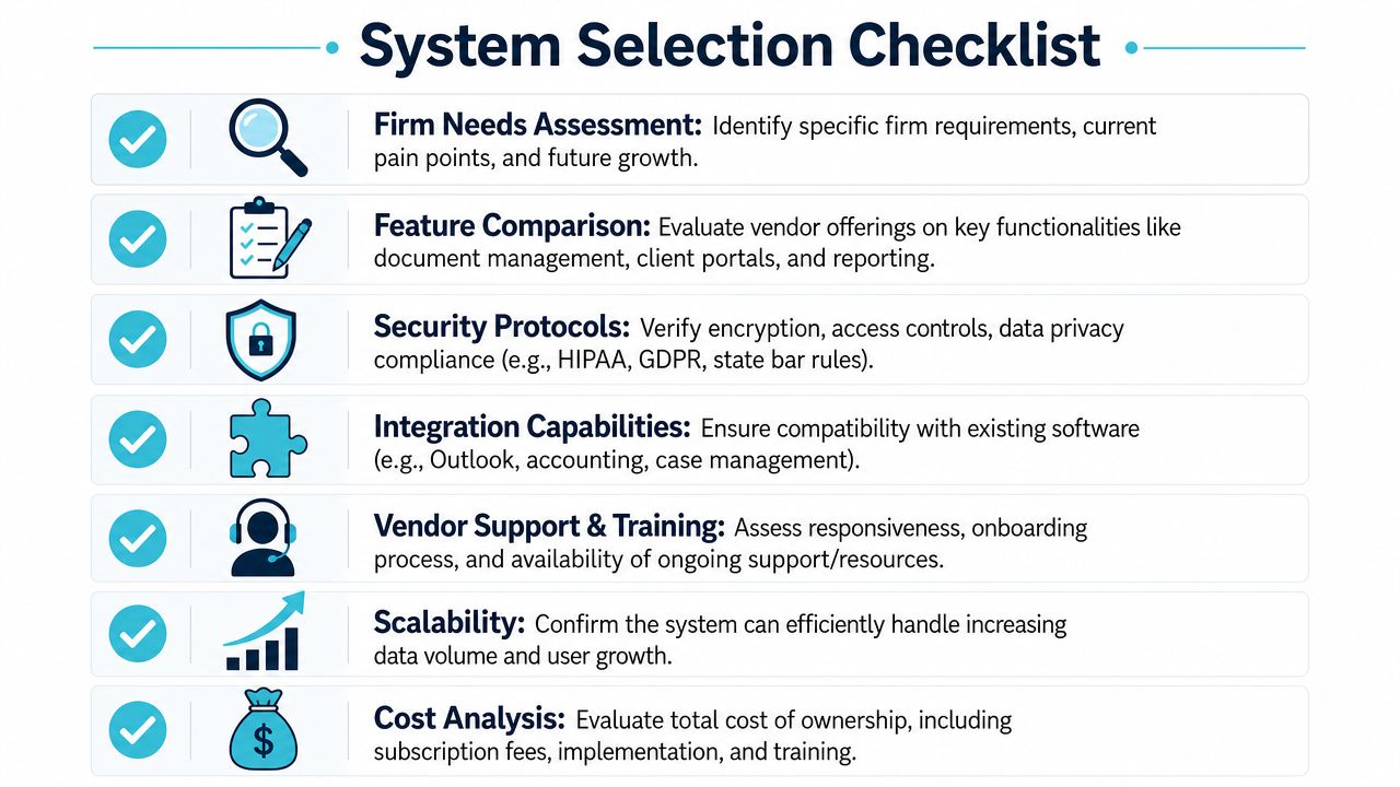 A checklist infographic outlining seven key considerations for evaluating and selecting new business software systems.
