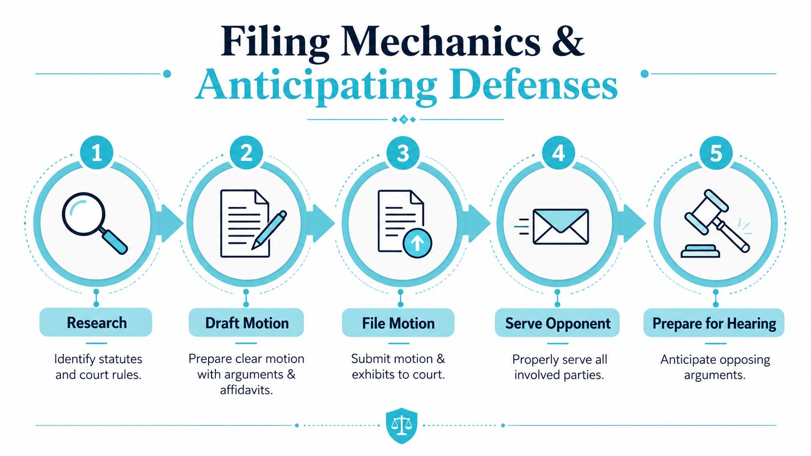 A five-step flowchart illustrating the legal process for filing a motion and preparing for a court hearing.