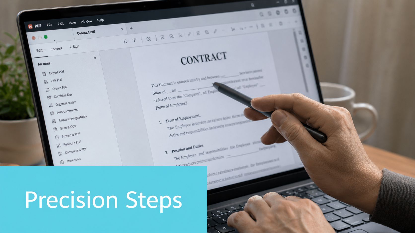 A person using a stylus on a laptop screen to edit and redact a digital contract document.