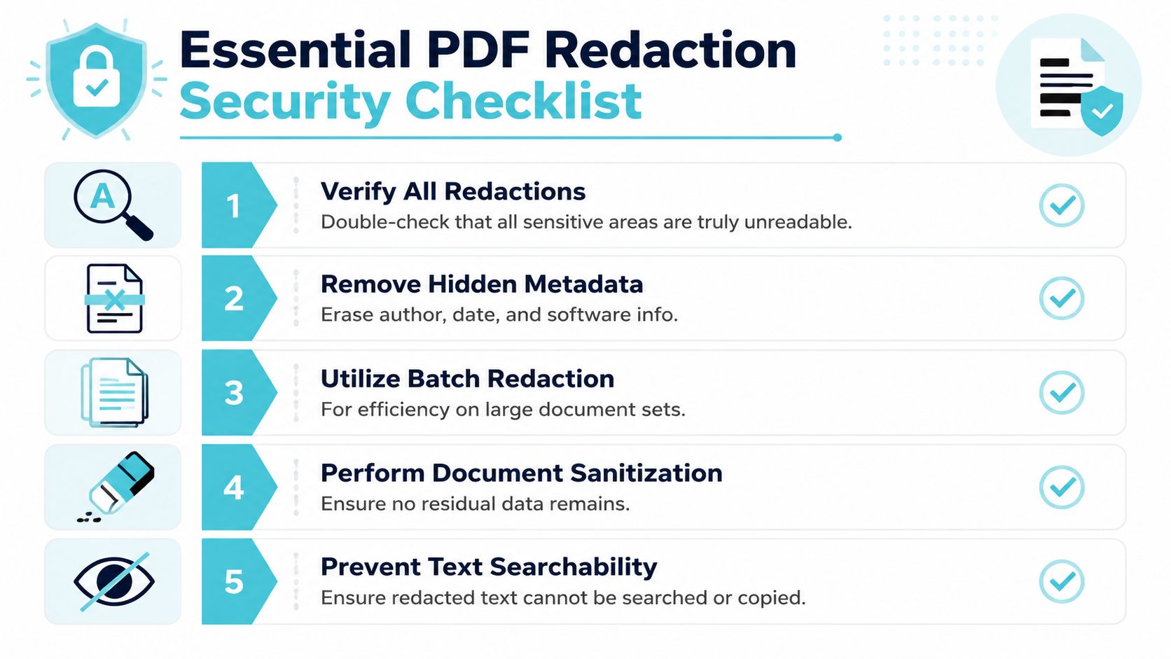 A professional checklist outlining five essential steps for securely redacting sensitive information in PDF documents.