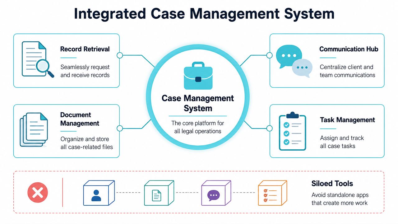 A diagram illustrating an integrated case management system connecting records, documents, communication, and tasks, contrasted against siloed tools.