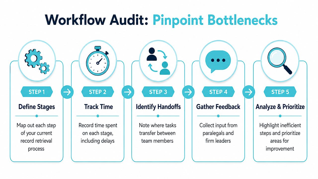 A five-step workflow audit infographic illustrating how to pinpoint bottlenecks in a record retrieval process.