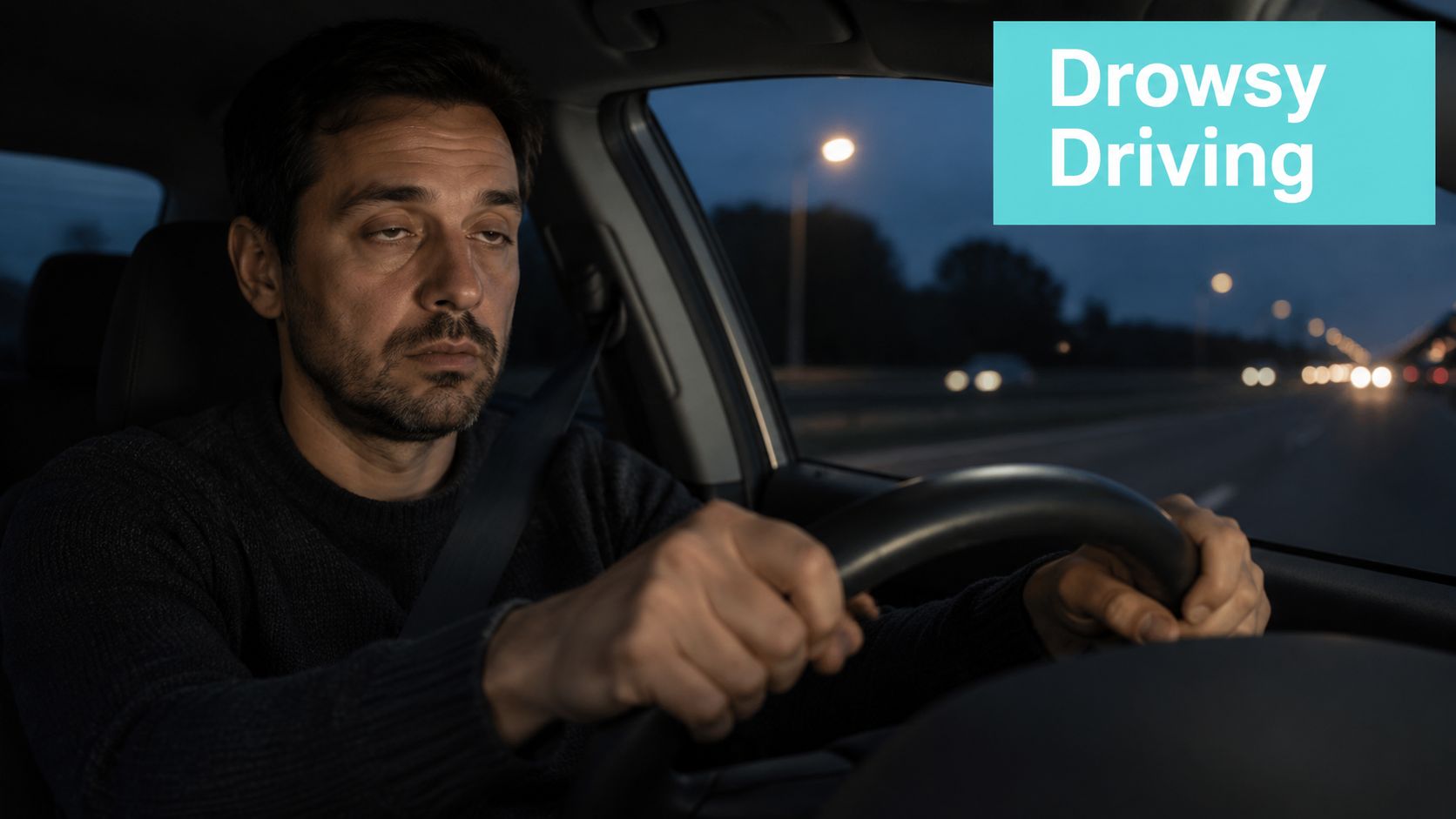 A tired man driving a car at night with the words Drowsy Driving overlaid on the image.