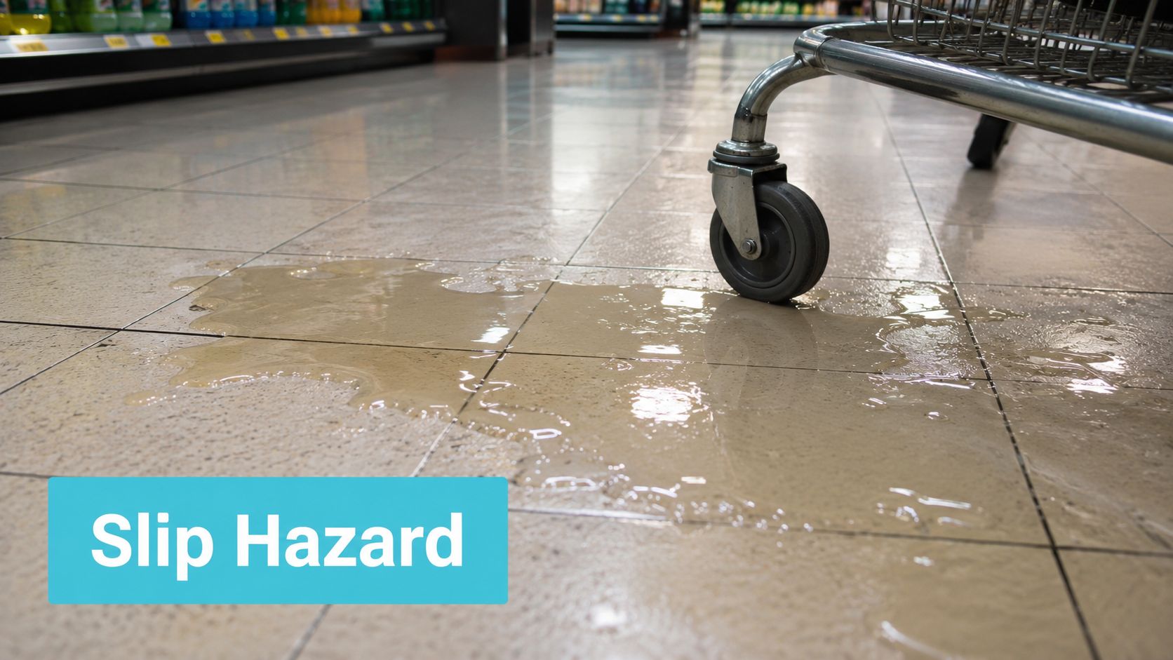A shopping cart wheel resting in a large spill on a grocery store tiled floor.